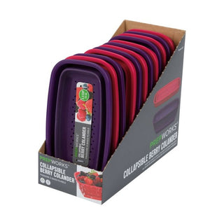 PrepWorks collapsible berry colander retail display in deep purple and red showing flat accordion storage design