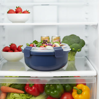 Navy blue food storage container with clear lid 
