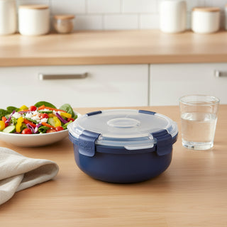 Navy blue food storage container with clear lid 