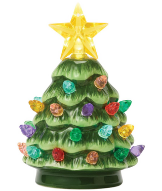 Enesco ceramic green Christmas tree with multicolor lights and yellow star topper