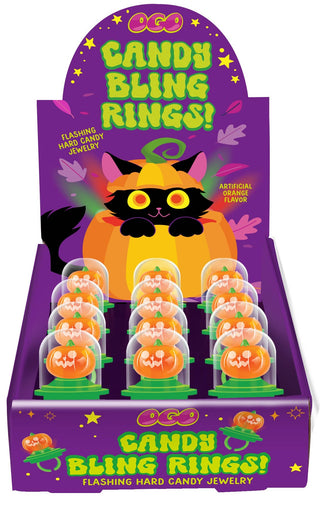 OGO Halloween pumpkin flashing hard candy bling rings display box, 12 count
