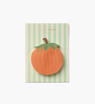 Rifle Paper Co. pumpkin-shaped sticky notes pad with green leaves on striped packaging