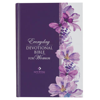 Front view of deep purple textured hardcover NLT Everyday Devotional Bible with vertical floral border
