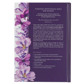 Back cover of purple watercolor floral and butterfly Everyday Devotional Bible for Women