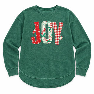 Royce Apparel green sweatshirt with patchwork quilted JOY graphic in red and white