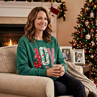 Royce Apparel green Quilted Joy Sweatshirt with patchwork fabric lettering