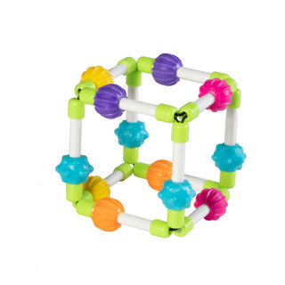 Fat Brain Toys Quubi colorful cube sensory rattle toy with textured beads on white background