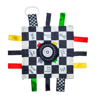 Black and white checkered Racing Flag Learning Lovey sensory toy with plush tire and colorful ribbons