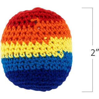 Close-up of 2 inch crocheted rainbow kickball showing tight yarn stitches and horizontal color bands