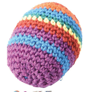 Diagonal striped crochet kickball with fuzzy texture and zigzag rainbow pattern detail