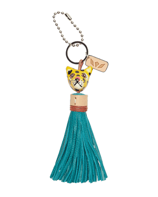 Keychain with a cat-shaped top and teal tassel