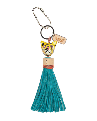 Keychain with a cat-shaped top and teal tassel 