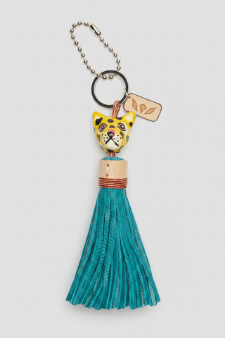 Keychain with a cat-shaped top and teal tassel 