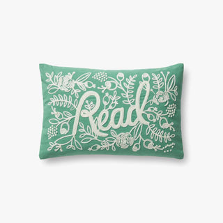 Rifle Paper Co. x Loloi sage green lumbar pillow with white embroidered floral Read design