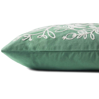 Side profile of sage green linen pillow with white floral vine embroidery, 13x21 inches
