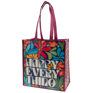 Karma Happy Everything large recycled tote bag with colorful floral print and burgundy handles