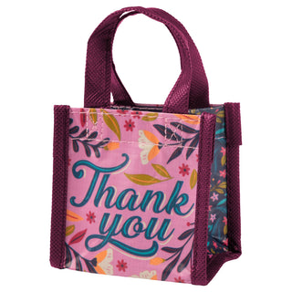 Karma recycled tiny gift bag with Thank You text and floral design on pink background