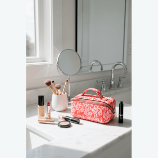 Red Floral Cosmetic Bag on bathroom counter with makeup items