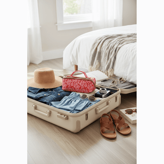 Red Floral Cosmetic Bag in suitcase with travel items