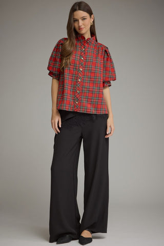 Entro red tartan plaid button-front top with puff sleeves and ruffled collar