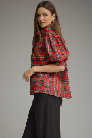 Entro red tartan plaid puff sleeve oversized button-up top with rolled sleeves
