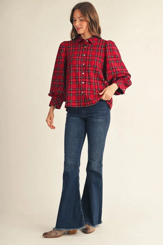 Jodifl red plaid button-down top with puff sleeves and collar