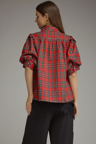 Entro red tartan plaid top with puff sleeves and gathered back detail