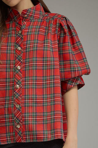 Entro red tartan plaid cropped button-up shirt with short puff sleeves