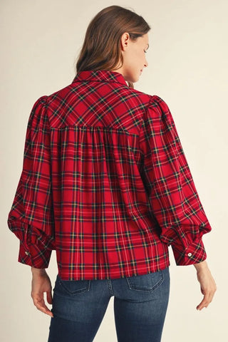 Jodifl red tartan plaid puff sleeve button-up top with gathered back detail