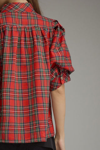 Entro red tartan plaid short puff sleeve button-up shirt, back view