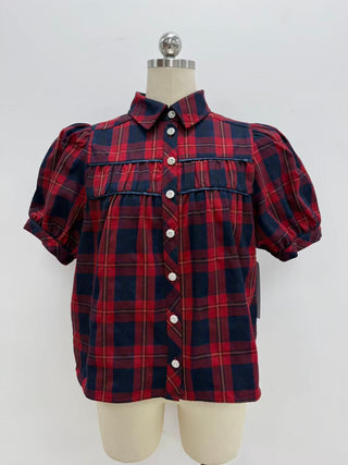 Entro red navy plaid short puff sleeve blouse with rhinestone buttons