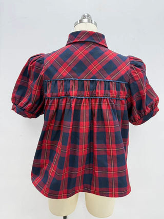 Entro red navy plaid short puff sleeve blouse with gathered back detail