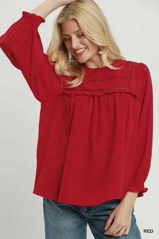 Red Ruffle Yoke Long Sleeve Blouse