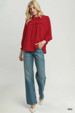 Red Ruffle Yoke Long Sleeve Blouse