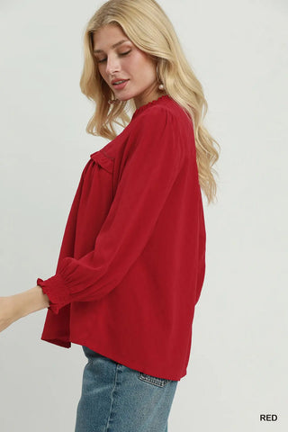 Red Ruffle Yoke Long Sleeve Blouse