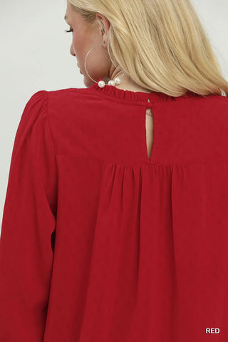Red Ruffle Yoke Long Sleeve Blouse