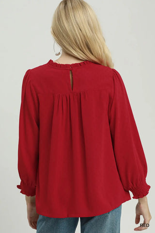 Red Ruffle Yoke Long Sleeve Blouse