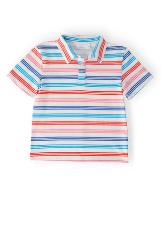 Striped polo shirt with red, blue, and white colors 