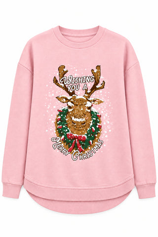 Pink Christmas sweatshirt with reindeer wreath graphic and Merry Christmas text
