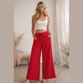 Full length red polka dot wide leg pants with front pockets