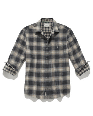 Flag & Anthem Repton long-sleeve double layer flannel shirt in charcoal tan plaid with rolled cuffs