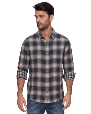 Man wearing Flag Repton long sleeve double layer plaid flannel shirt in Chatau colorway with jeans