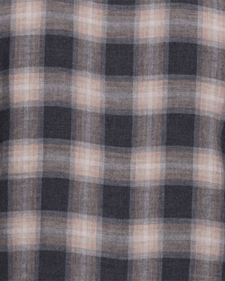 Close-up detail of Chatau plaid fabric showing charcoal, taupe, and cream check pattern
