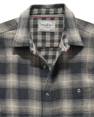 Flag & Anthem Repton long sleeve double layer flannel shirt in charcoal tan plaid close-up detail