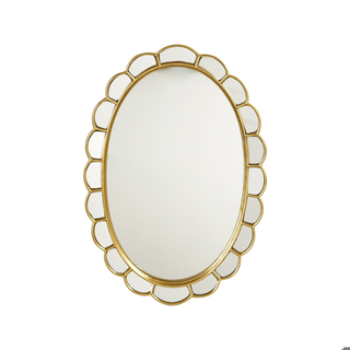 Oval wall mirror with gold scalloped resin frame and mirrored border segments