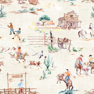 Retro cowboy western toile fabric pattern featuring cowboys, horses, cacti, and ranch scenes in warm tones.