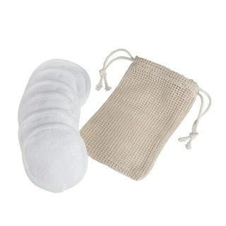 Reusable cotton pads with beige mesh drawstring pouch for eco-friendly storage