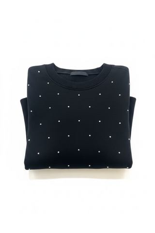 Hem & Thread black sweatshirt with scattered silver rhinestud embellishments, crew neck, folded flat