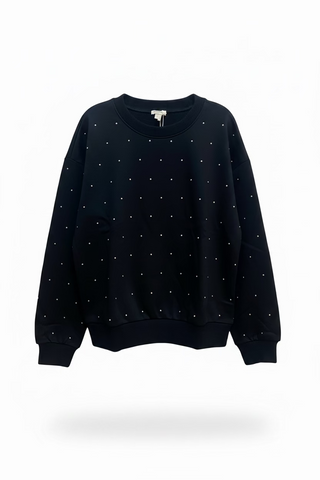 Black oversized crewneck sweatshirt with allover small rhinestud embellishments