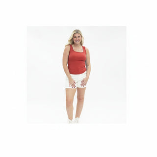 Rust-red rib knit tank top with square neckline and mom crop fit showing vertical texture